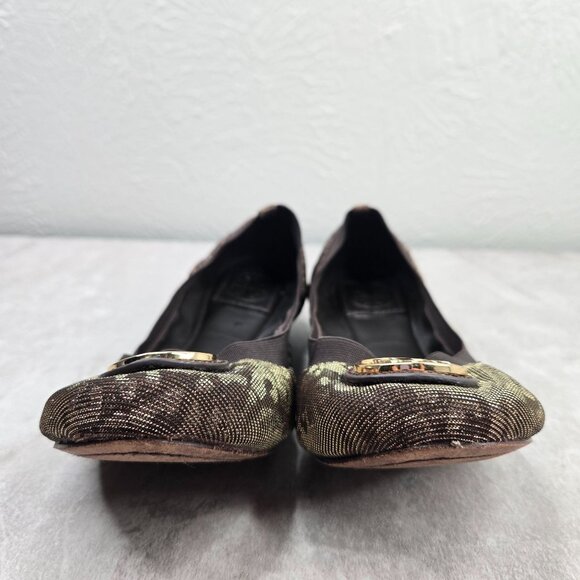Tory Burch Brown Flats with Gold Logo - Picture 4 of 11
